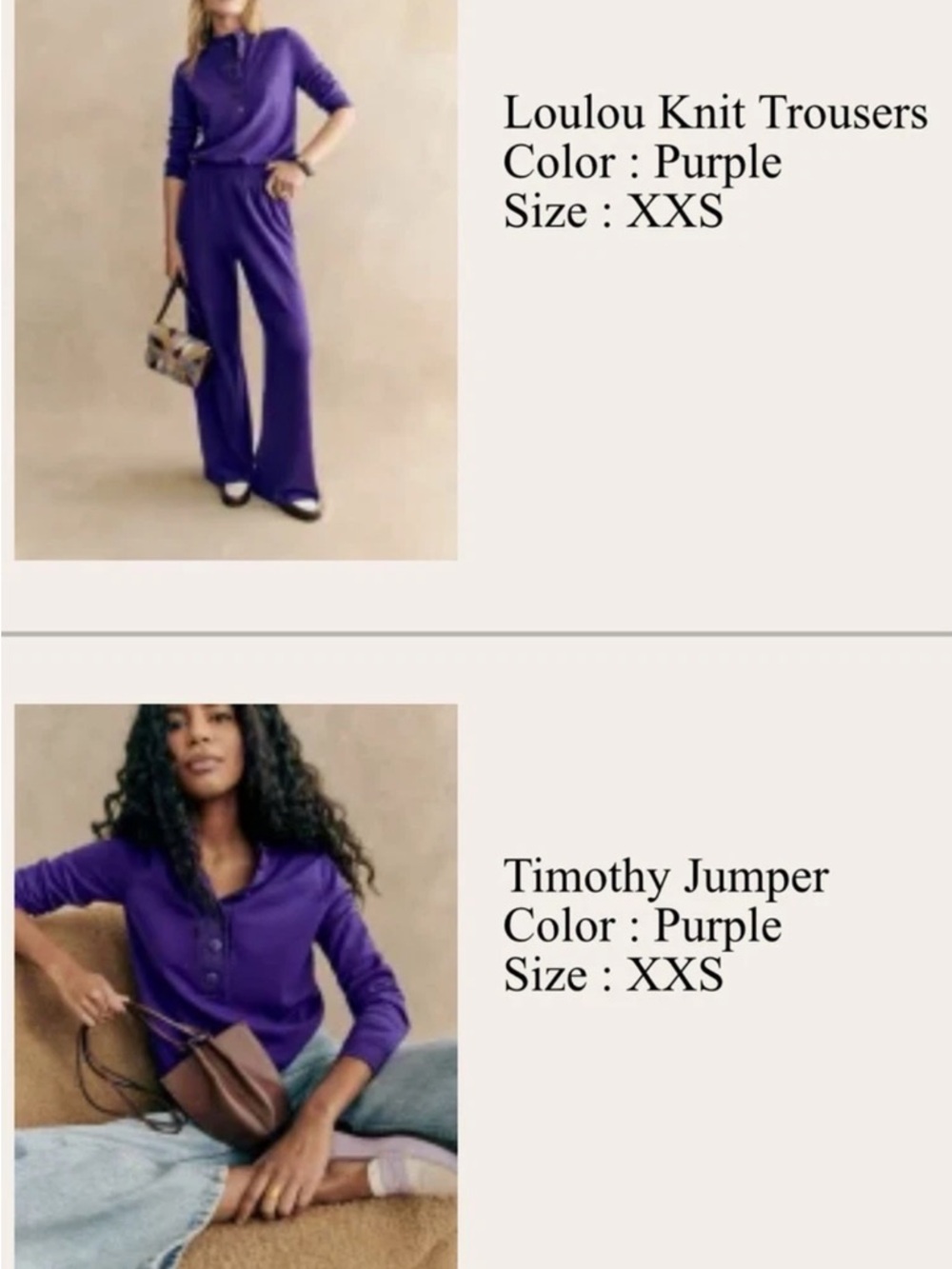 Sezane set:Loulou Wide-Leg Knit Trousers & Timothy jumper (sweater), Purple. XXS